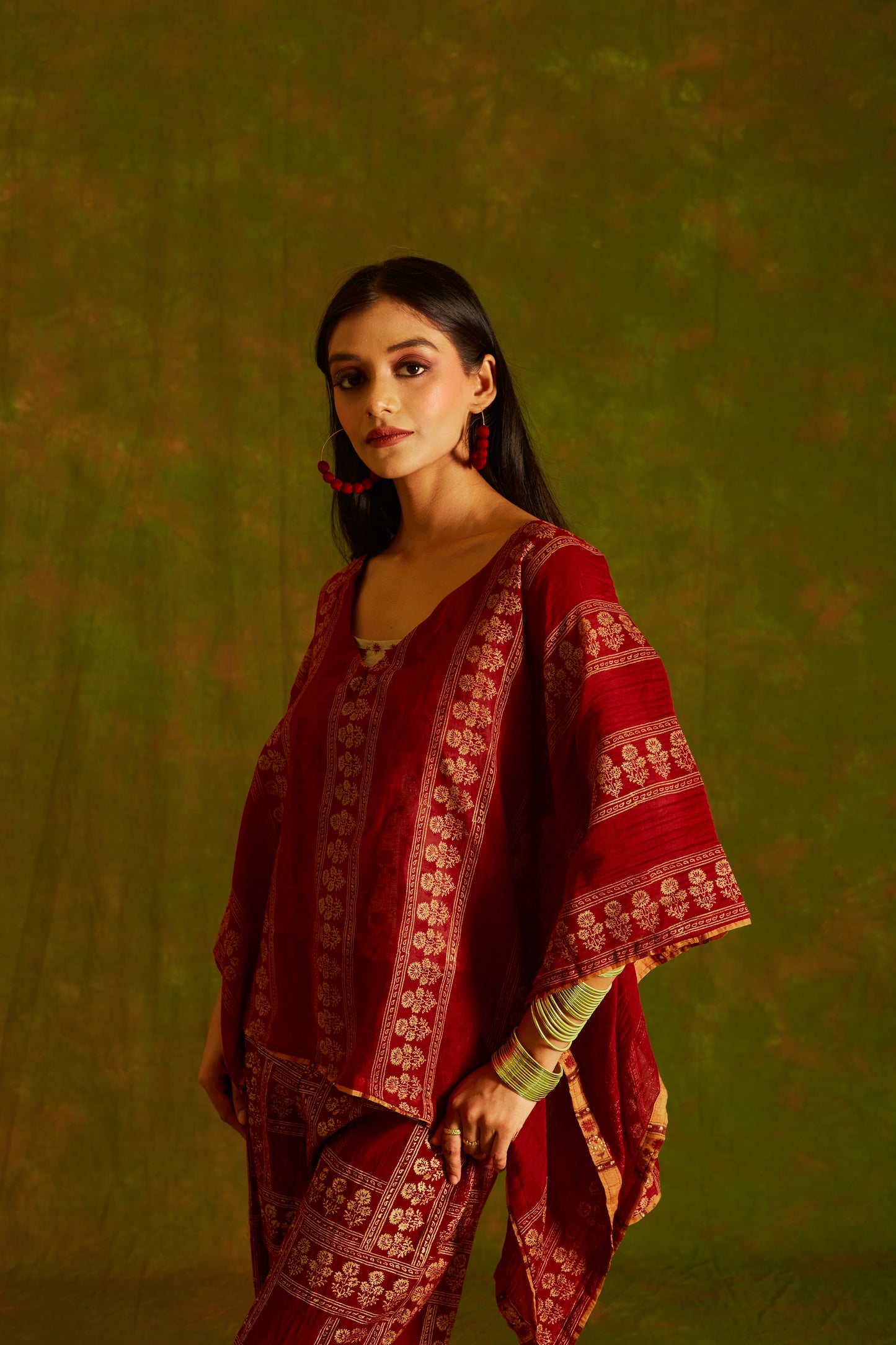 Jashan Surkh Chanderi Kaftan and Pants Coord Set