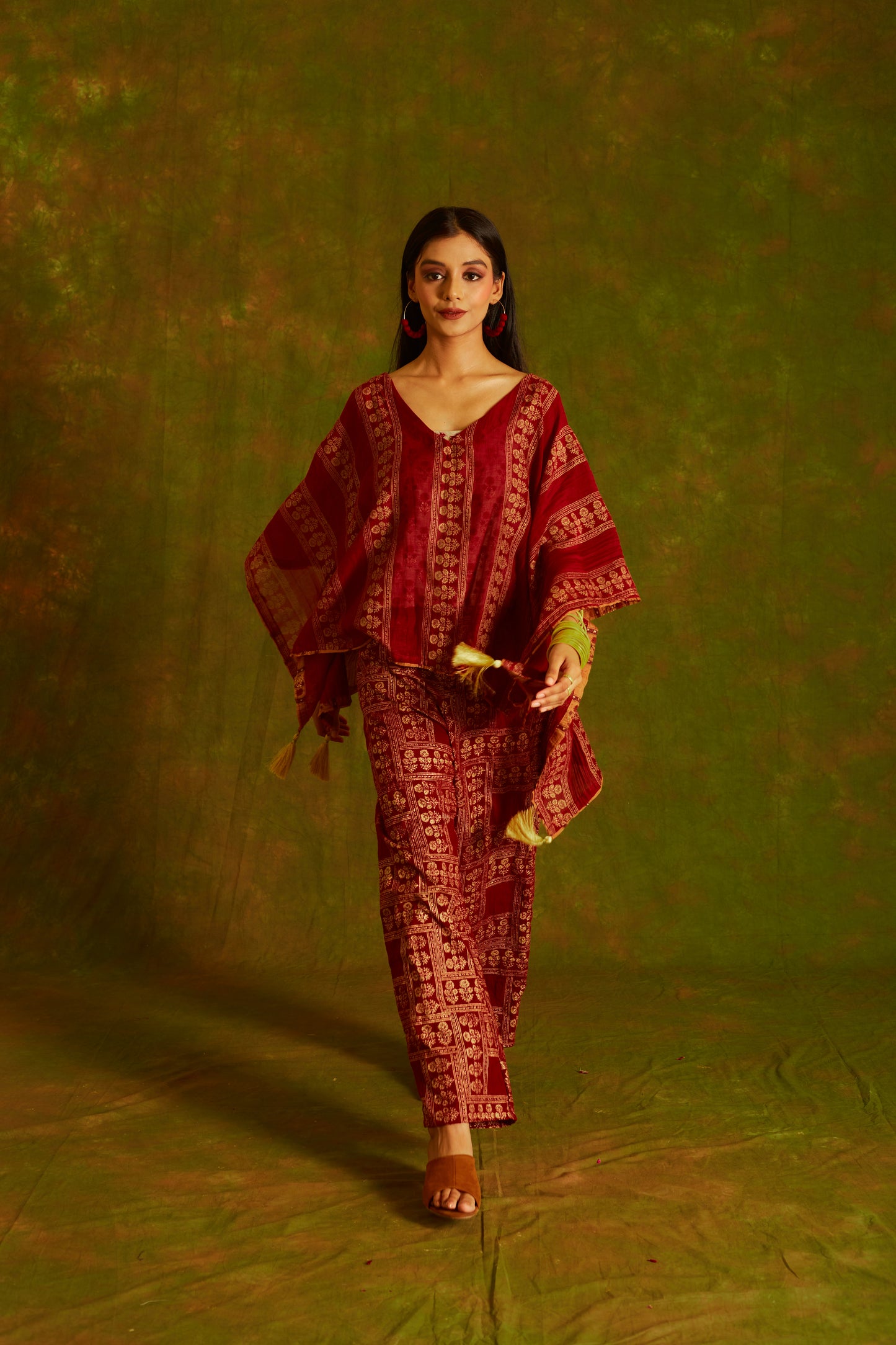 Jashan Surkh Chanderi Kaftan and Pants Coord Set