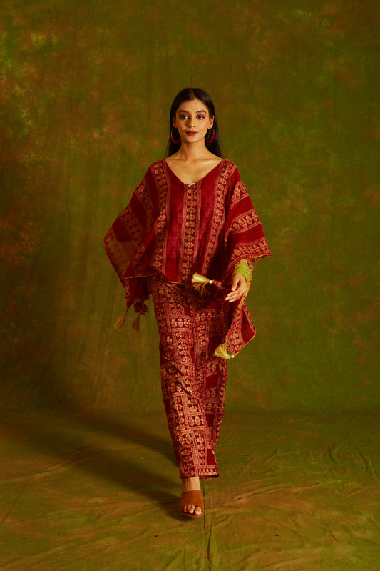 Jashan Surkh Chanderi Kaftan and Pants Coord Set