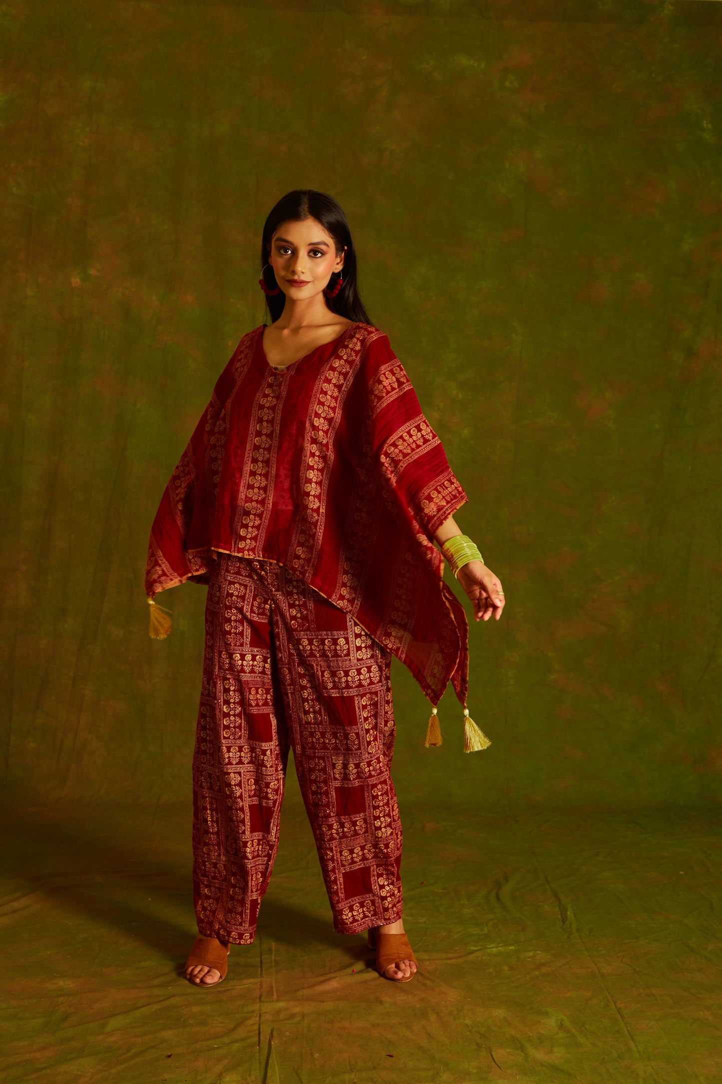 Jashan Surkh Chanderi Kaftan and Pants Coord Set