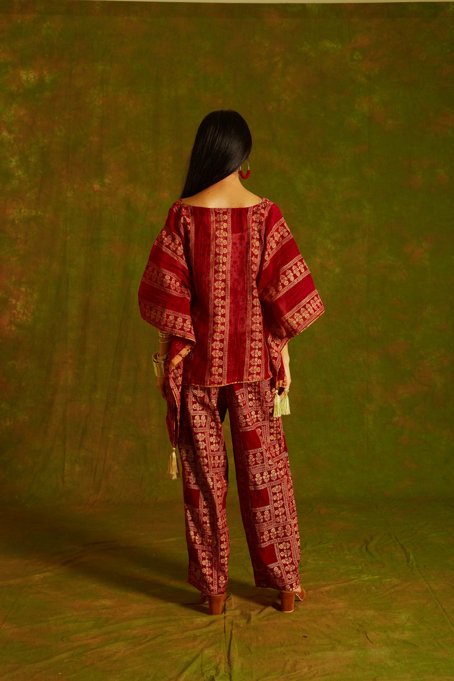 Jashan Surkh Chanderi Kaftan and Pants Coord Set