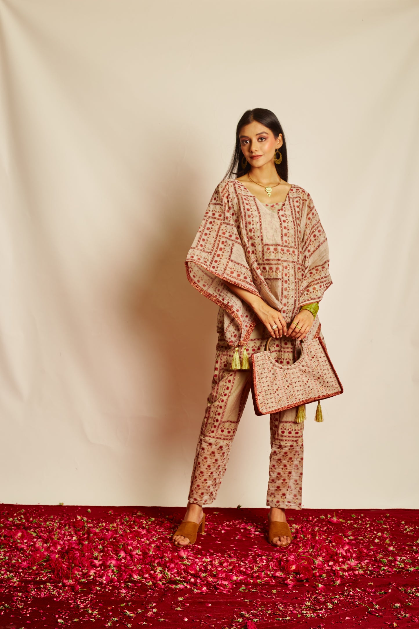 Jashan Surmayi Chanderi Kaftan and Pants Coord Set