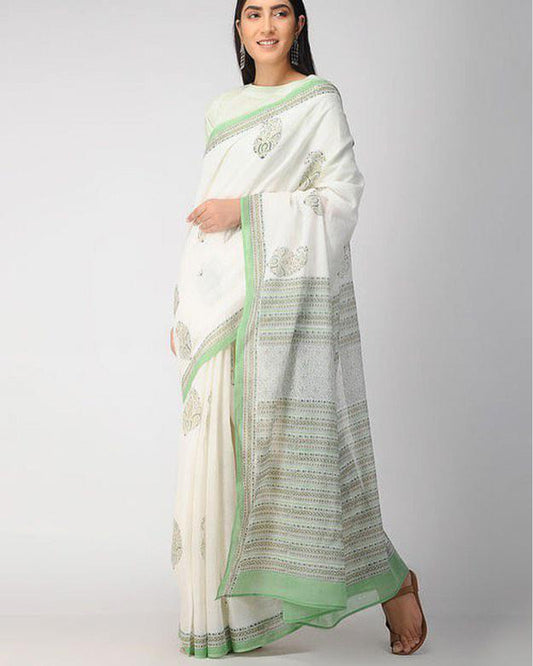 Handcrafted Cotton Hand Print Off White Saree