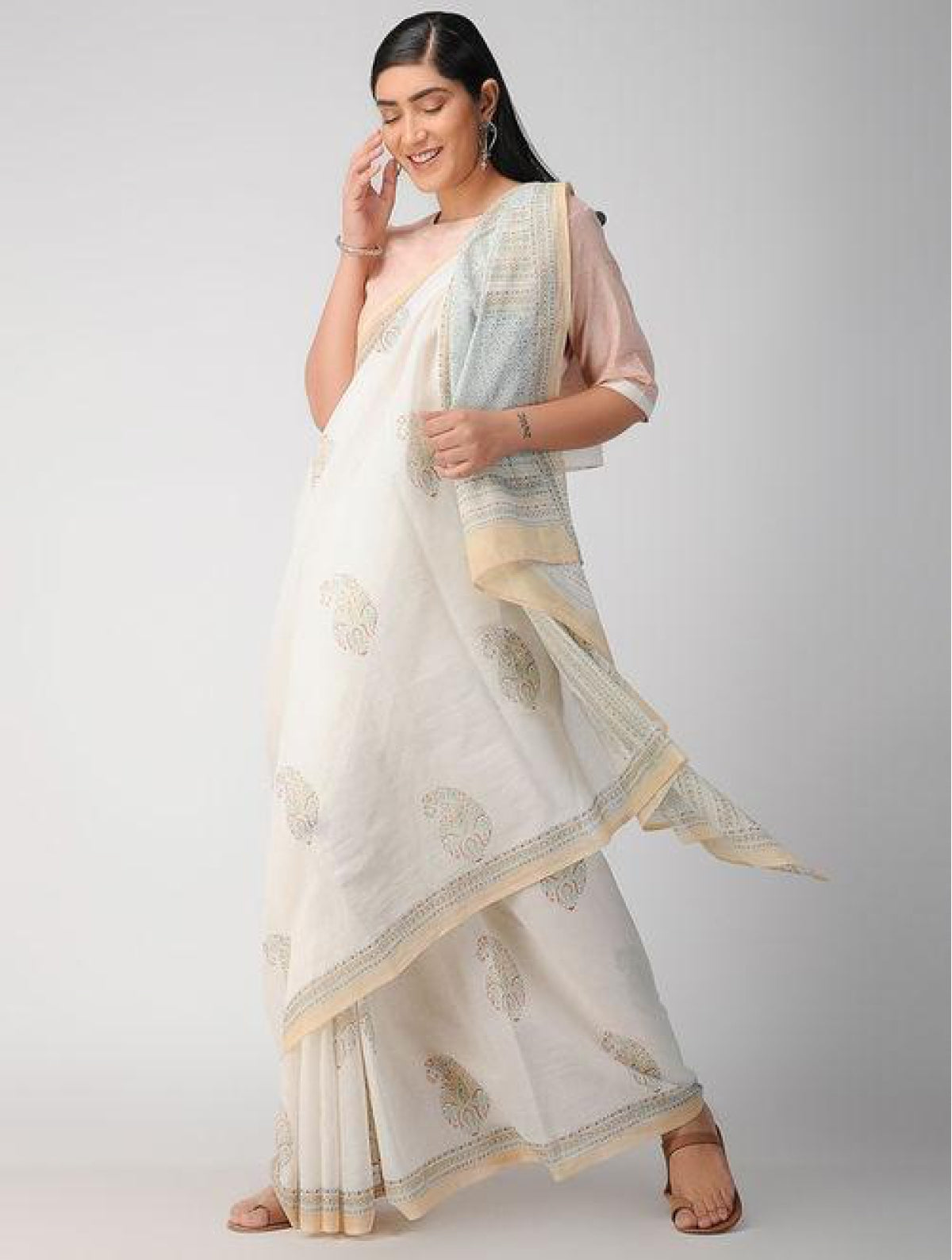 Handcrafted Cotton Hand Print White And Brown Saree