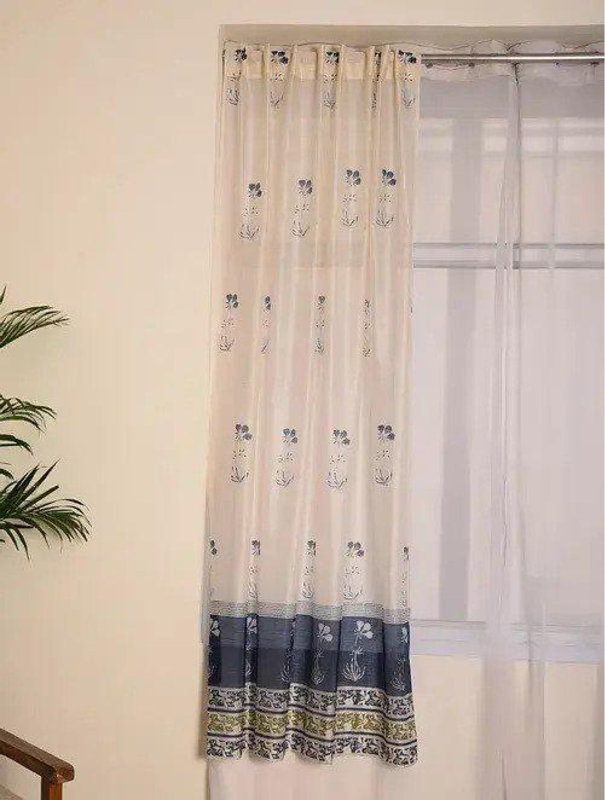 Set Of 2 White & Blue Hand Block Printed Curtain