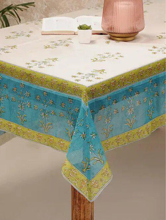 Chanderi White & Blue Hand Block Printed Table Cover