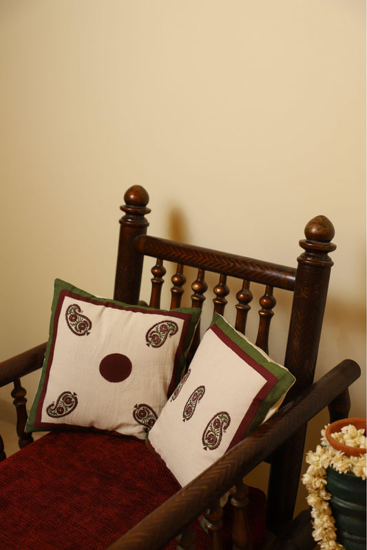 White & Maroon Set Of 2 Hand Block Printed Cushion Cover