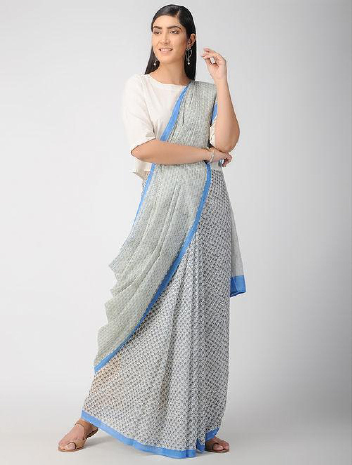 Handcrafted Cotton Hand Print White And Blue Saree