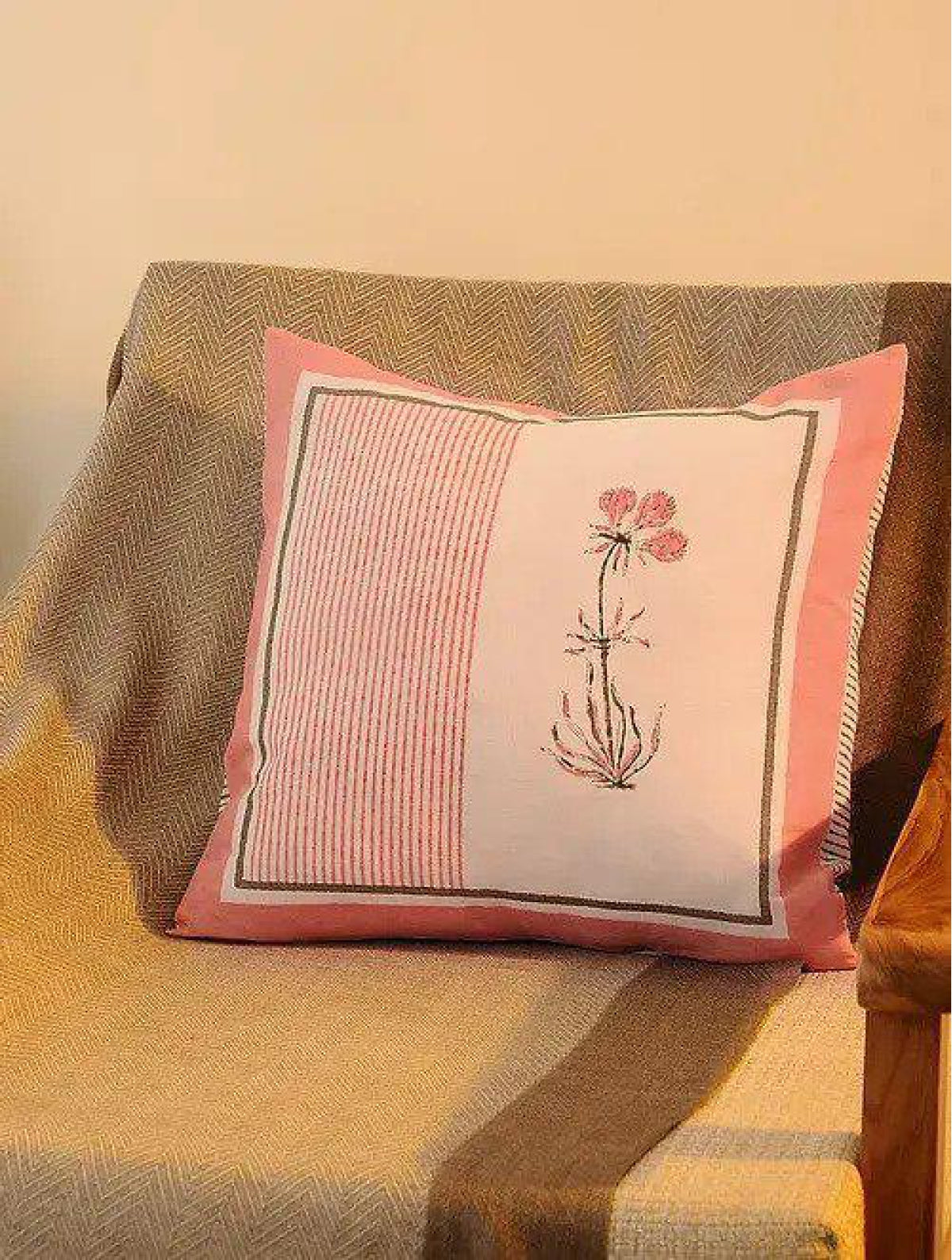 Pink & White Set Of 2 Hand Block Printed Cushion Cover