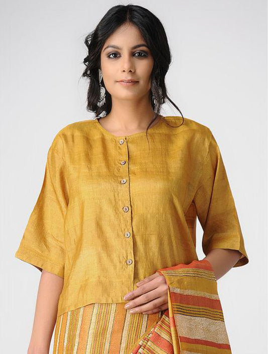 Yellow Tussar Blouse With Wooden Button