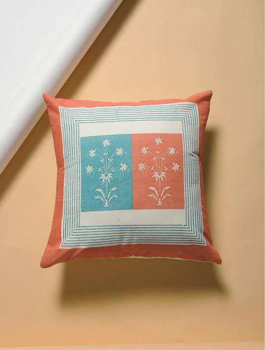 Set Of 2 Hand Block Peach And Blue Cotton Cushion Covers