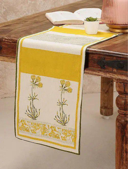 Yellow & White Hand Block Printed Canvas Table Runner