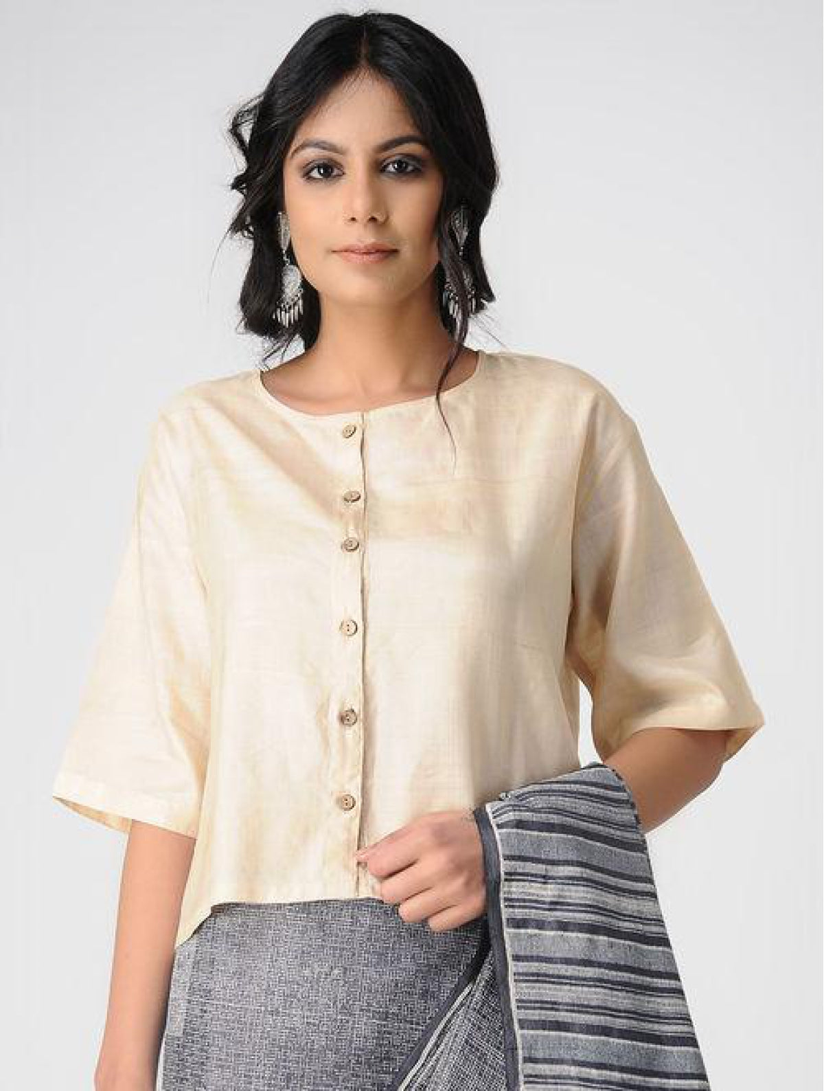 Off White Tussar Blouse With Wooden Button