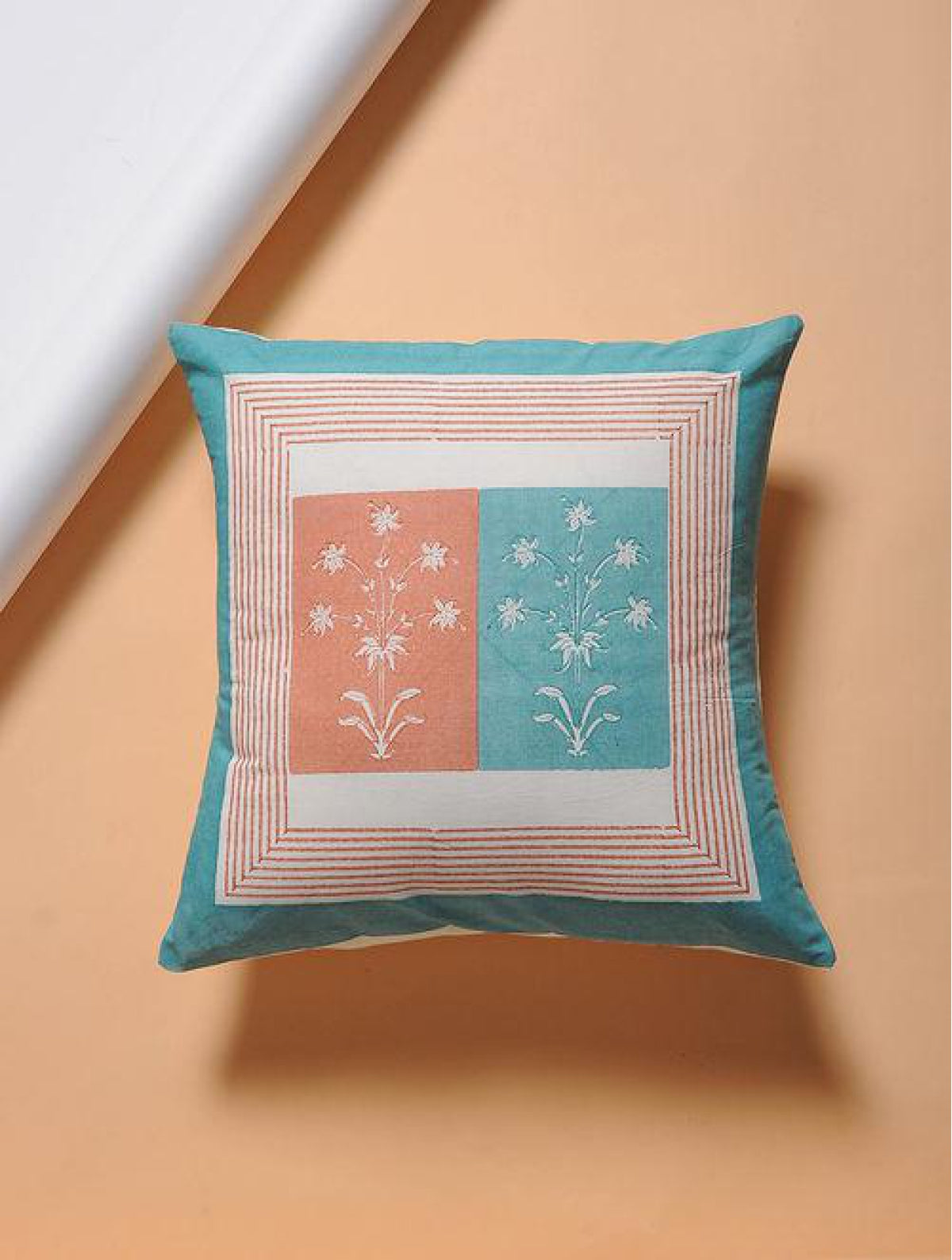 Set Of 2 Hand Block Peach And Blue Cotton Cushion Covers