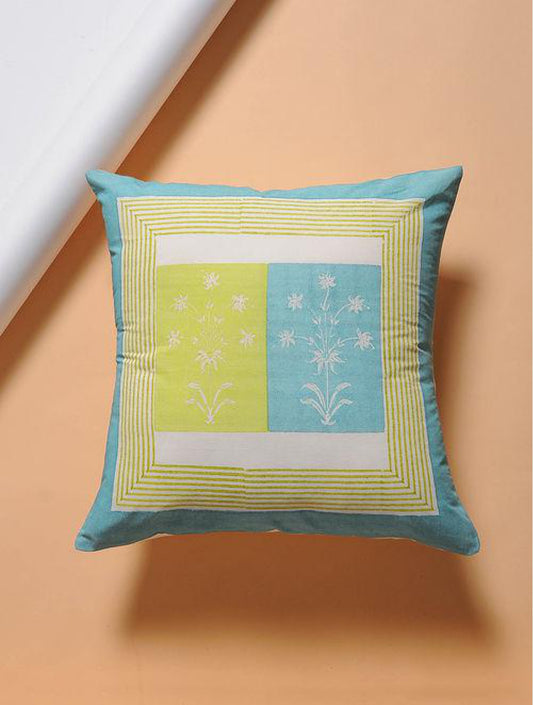 Set Of 2 Hand Block Yellow And Blue Cotton Cushion Covers