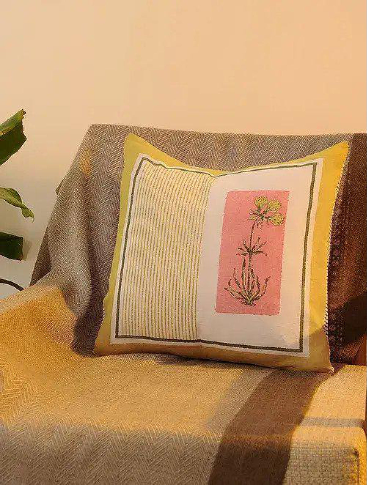 Yellow Pink & White Set Of 2 Hand Block Printed Cushion Cover
