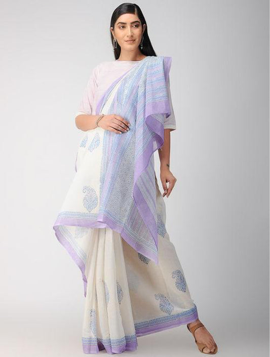 Handcrafted Cotton Hand Print White And Blue Saree