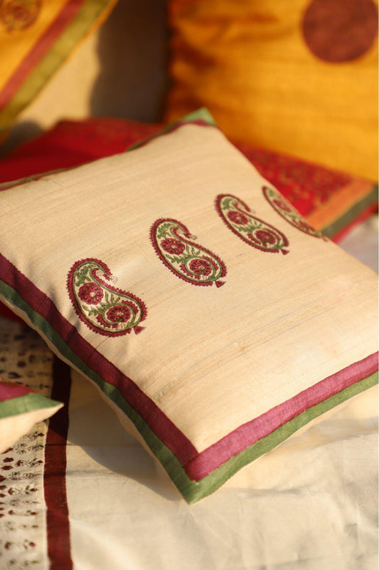 Maroon & Green Set Of 2 Hand Block Printed Cushion Cover