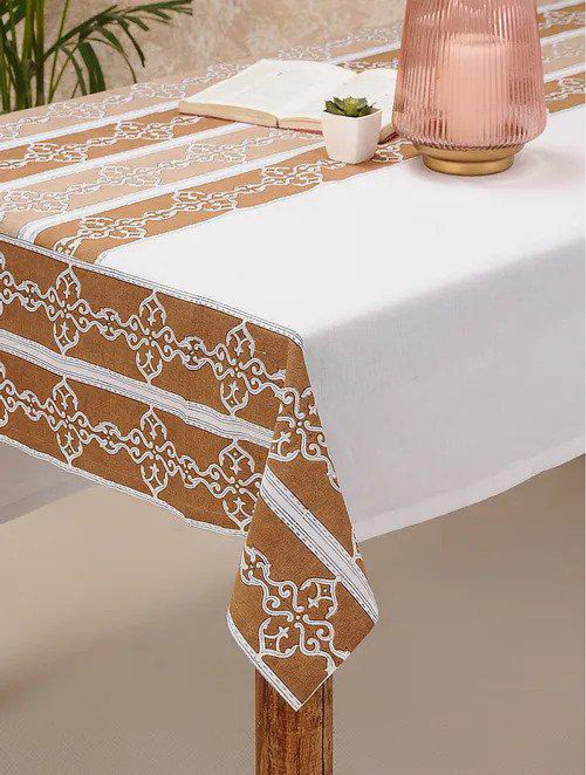 White & Brown Hand Block Printed Table Cover