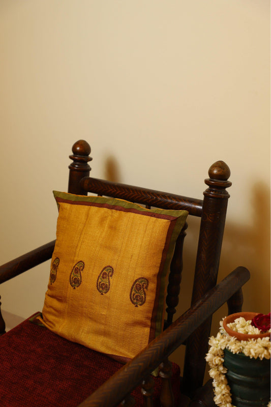 Yellow And Maroon Set Of 2 Hand Block Printed Cushion Cover