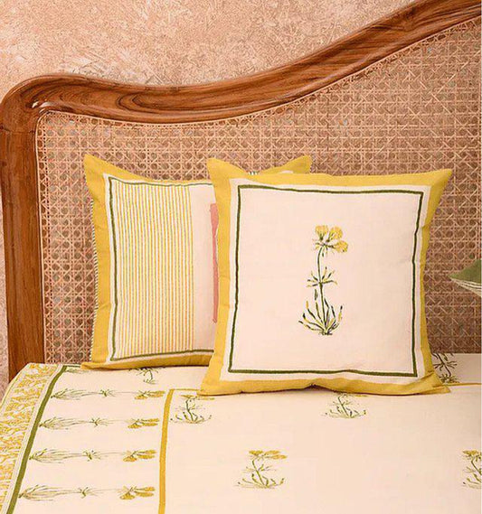 Yellow & White Set Of 2 Hand Block Printed Cushion Cover