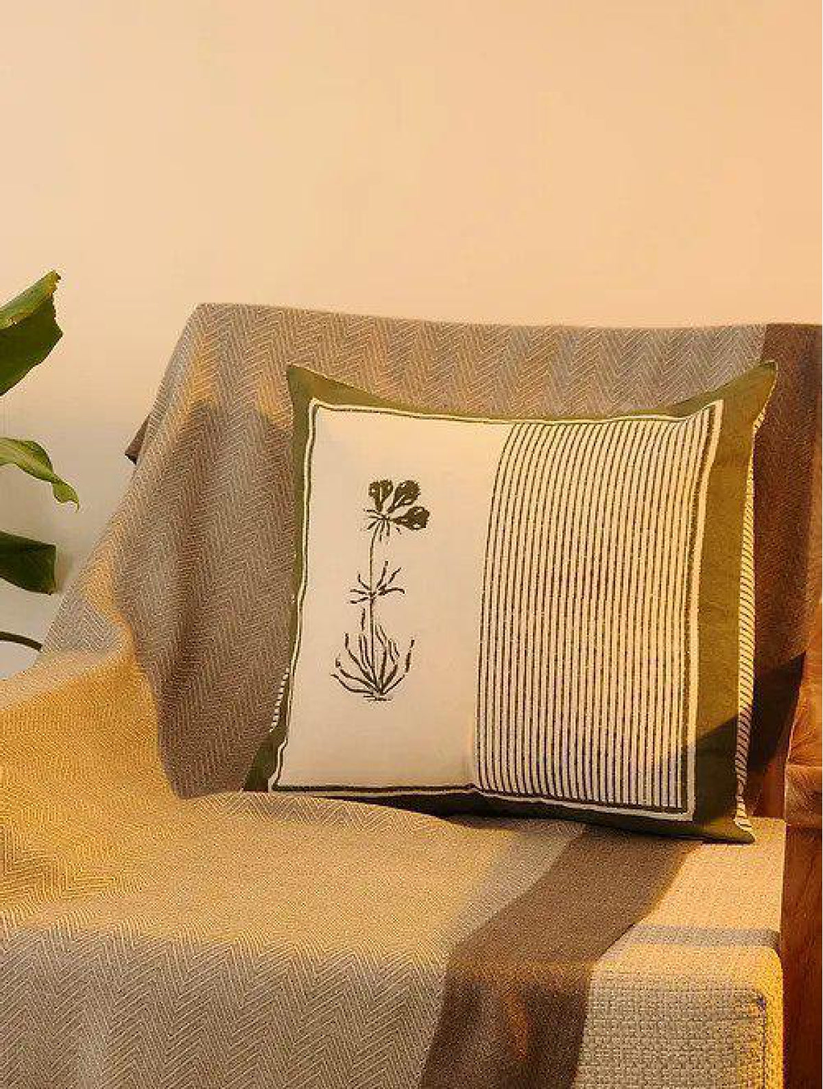 Olive & Blue Set Of 2 Hand Block Printed Cushion Cover