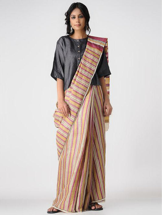 Handcrafted 100 % Tussar Silk Handblock Printed Multicolor Saree
