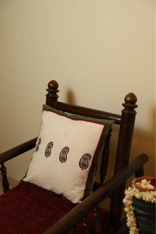 White & Maroon Set Of 2 Hand Block Printed Cushion Cover