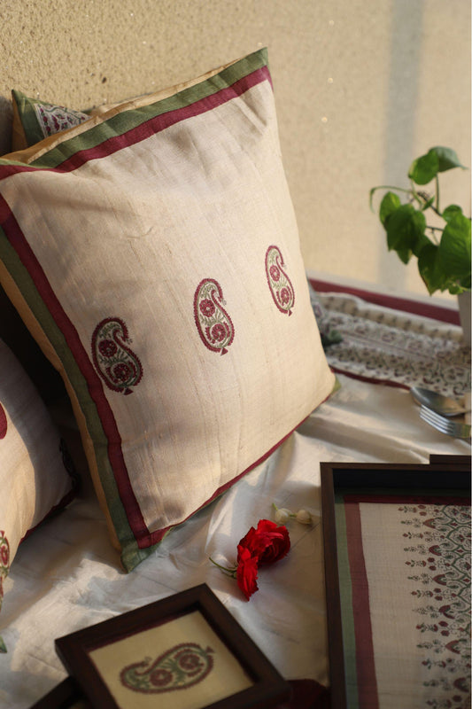 White & Maroon Set Of 2 Hand Block Printed Cushion Cover