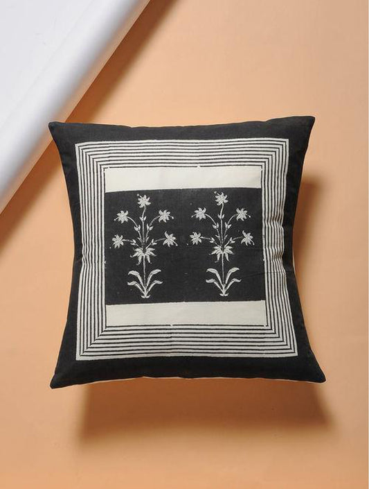 Set Of 2 Hand Block Black And White Cotton Cushion Covers