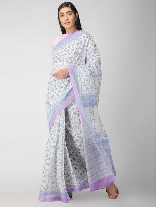 Handcrafted Cotton Hand Print White And Blue Saree