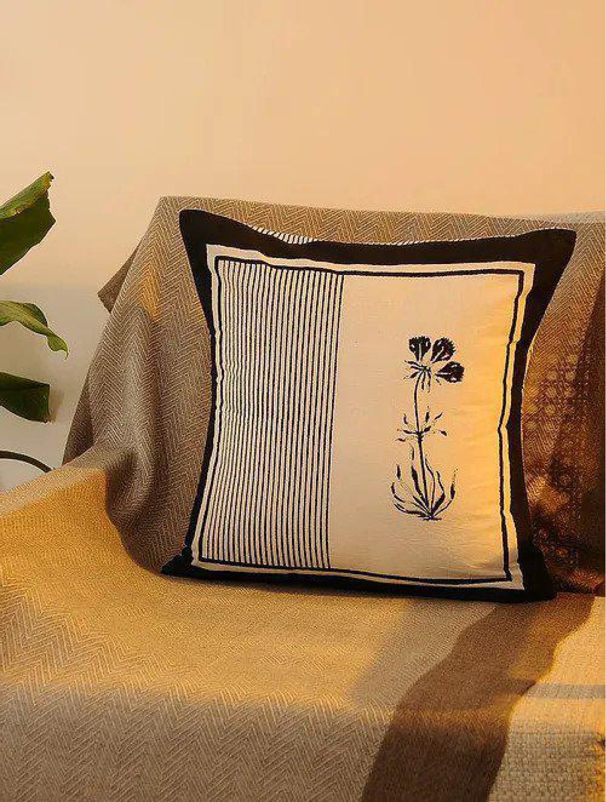 Olive & White Set Of 2 Hand Block Printed Cushion Cover