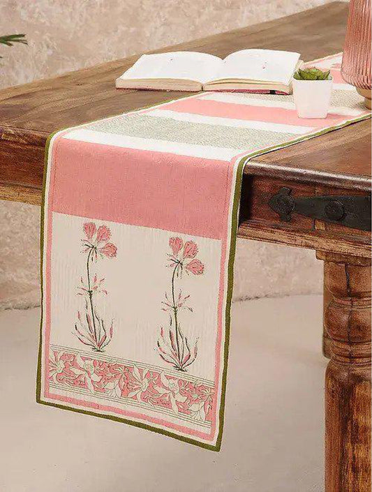 Pink & White Hand Block Printed Canvas Table Runner