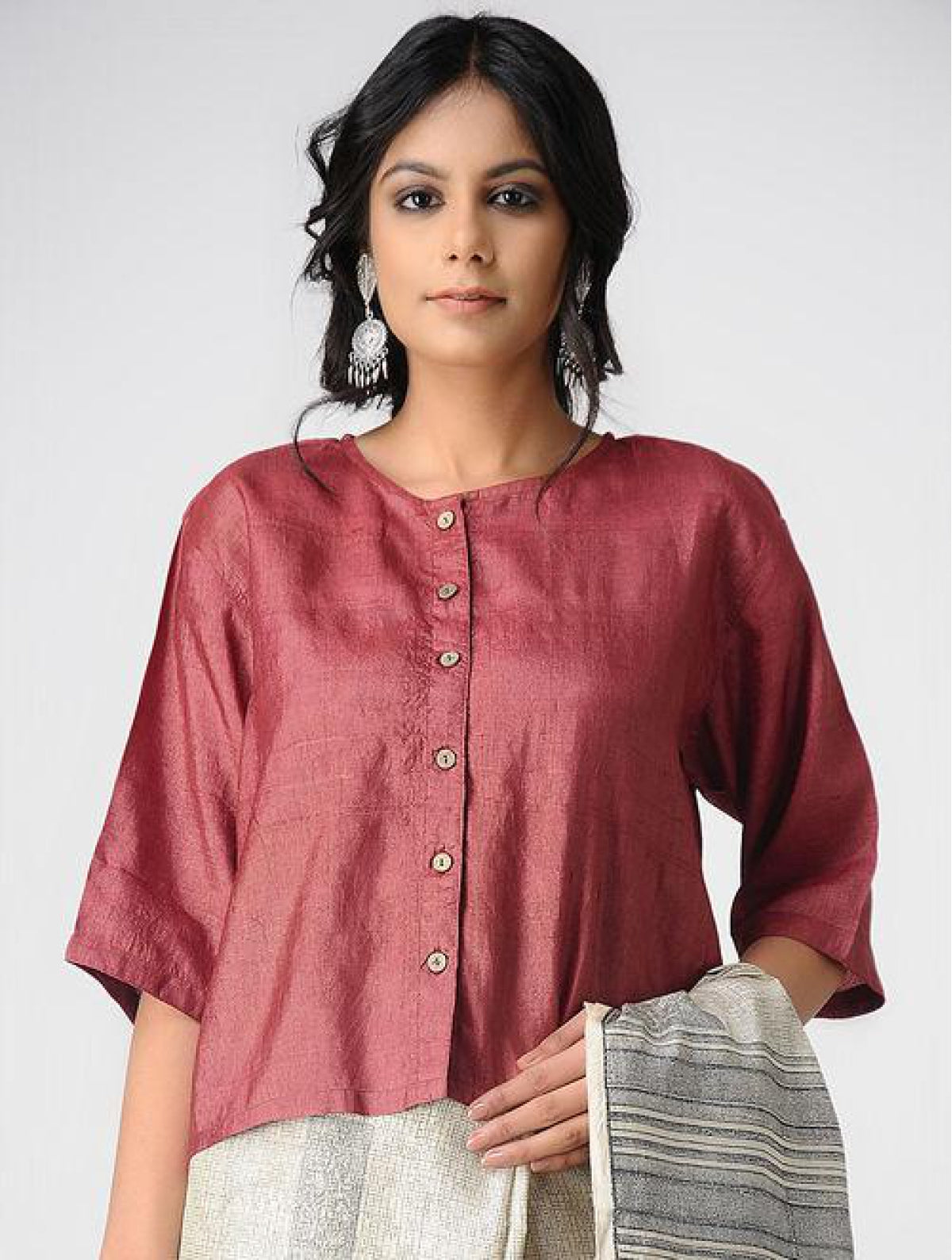 Maroon Tussar Blouse With Wooden Button