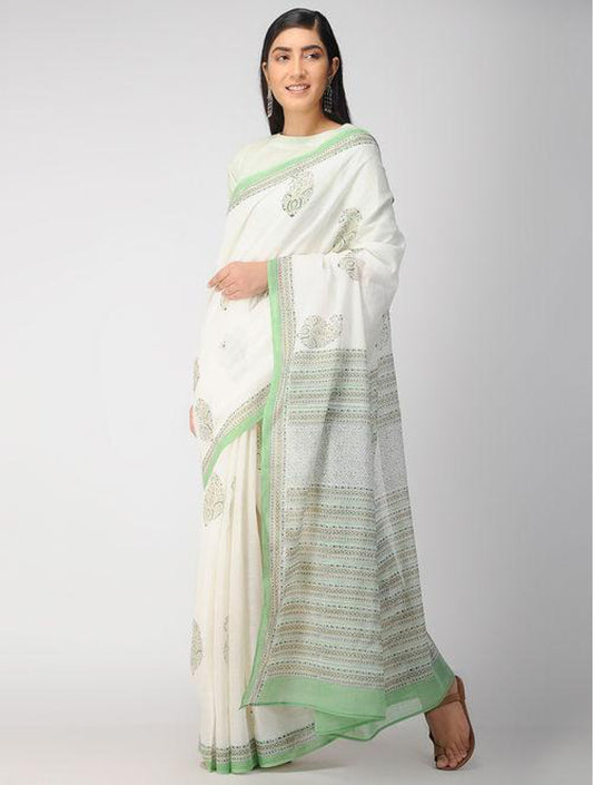 Handcrafted Cotton Hand Print White And Green Saree