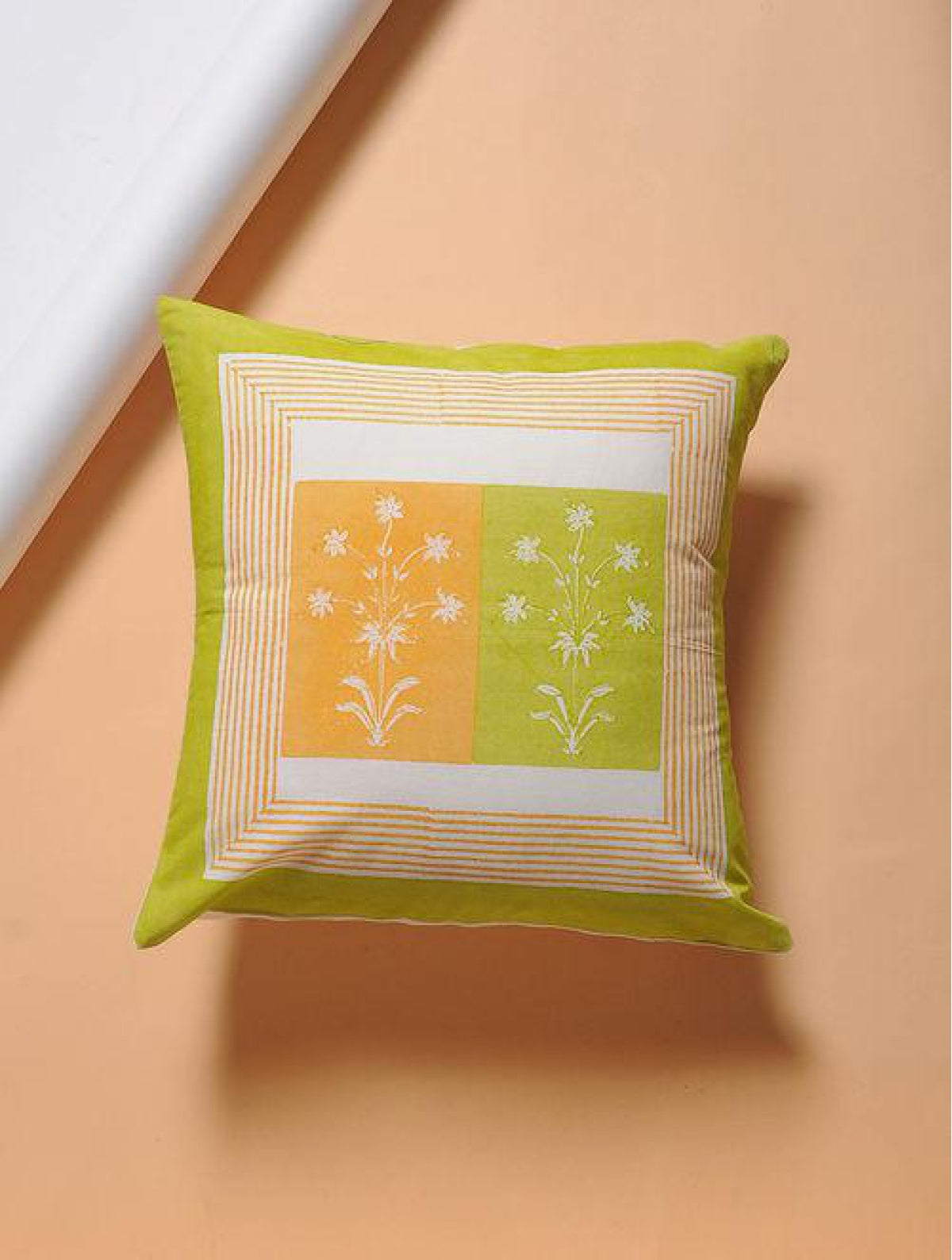 Set Of 2 Hand Block Green And Yellow Cotton Cushion Covers