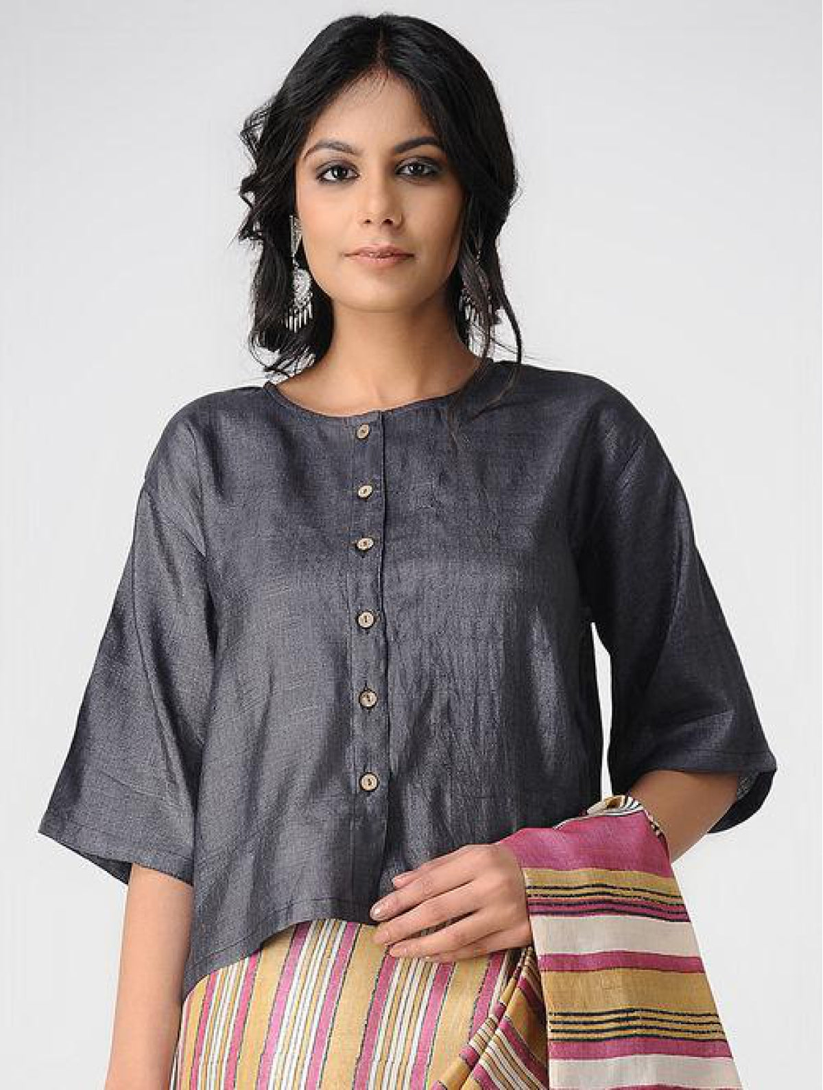 Black Tussar Blouse With Wooden Button