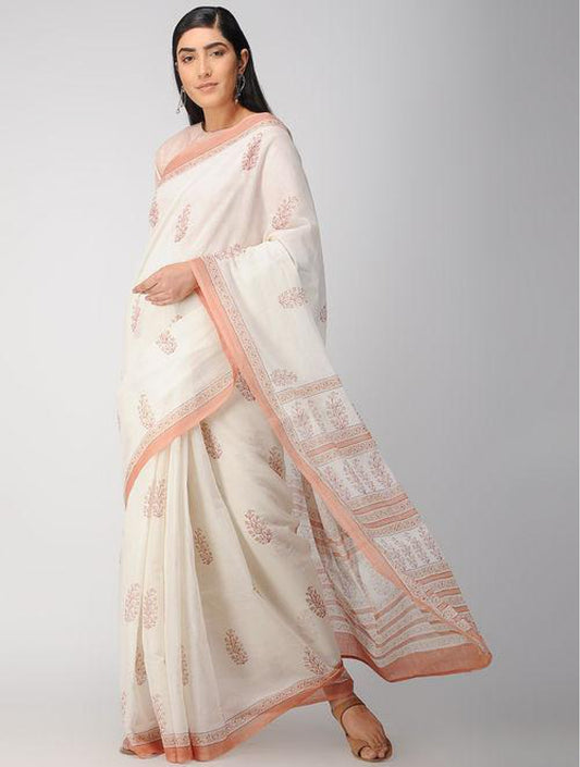 Handcrafted Cotton Hand Print White And Brown Saree