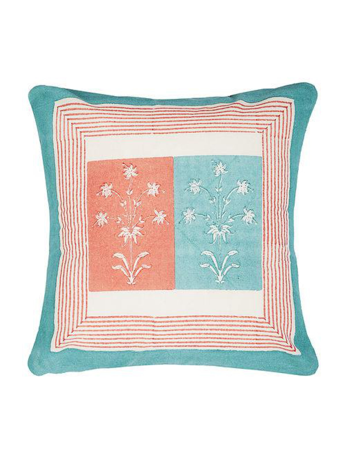 Set Of 2 Hand Block Peach And Blue Cotton Cushion Covers