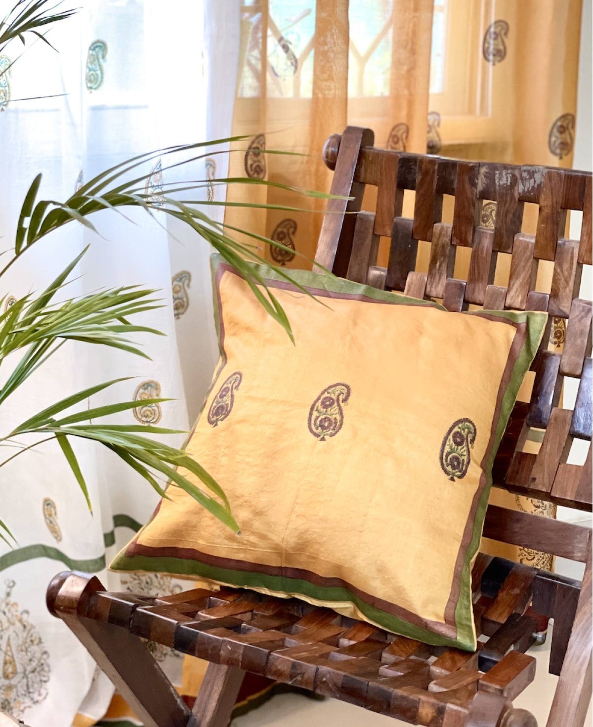 Yellow And Maroon Set Of 2 Hand Block Printed Cushion Cover