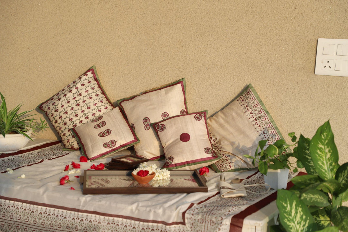 White & Maroon Set Of 2 Hand Block Printed Cushion Cover