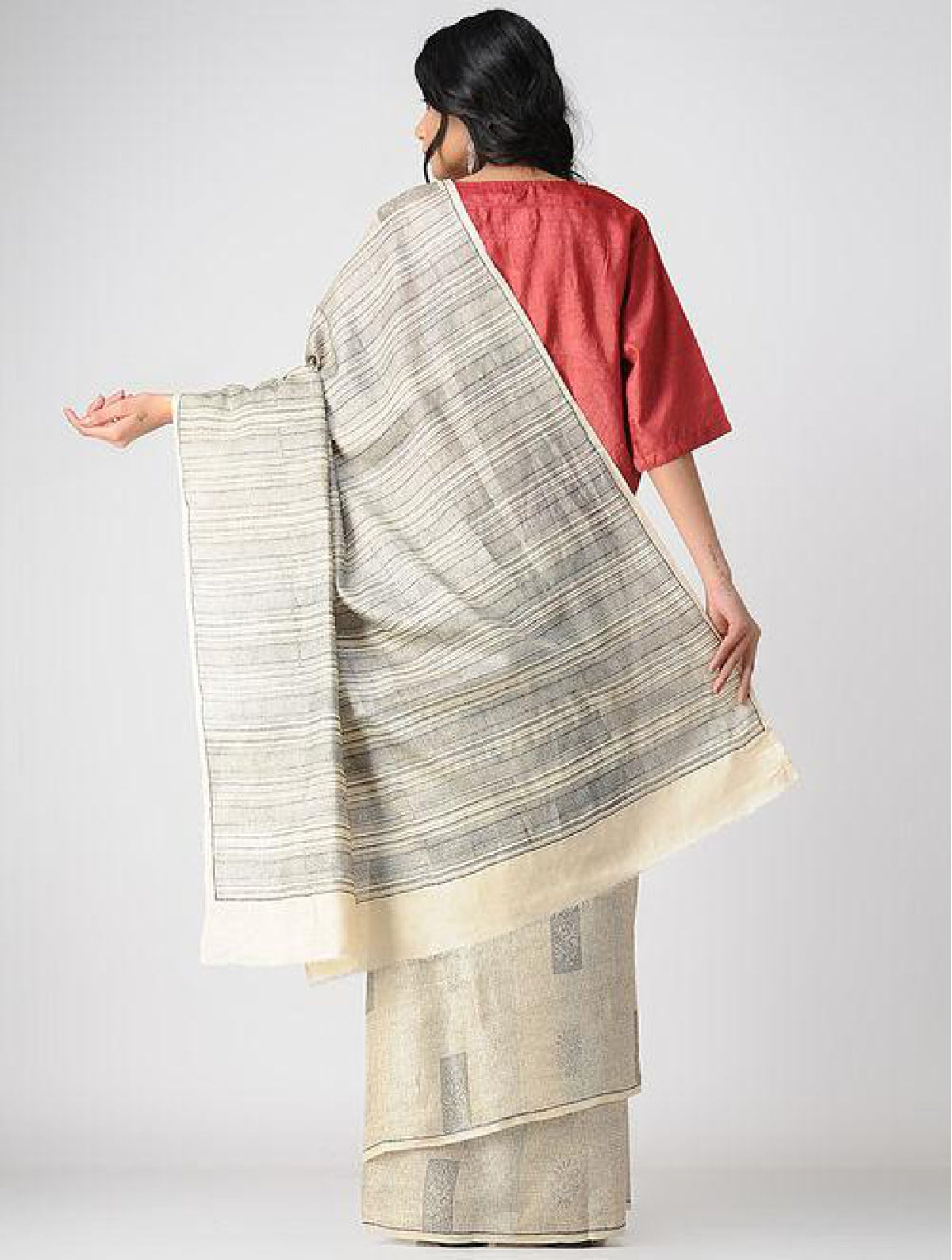 Handcrafted 100 % Tussar Silk Handblock Printed Off White Saree