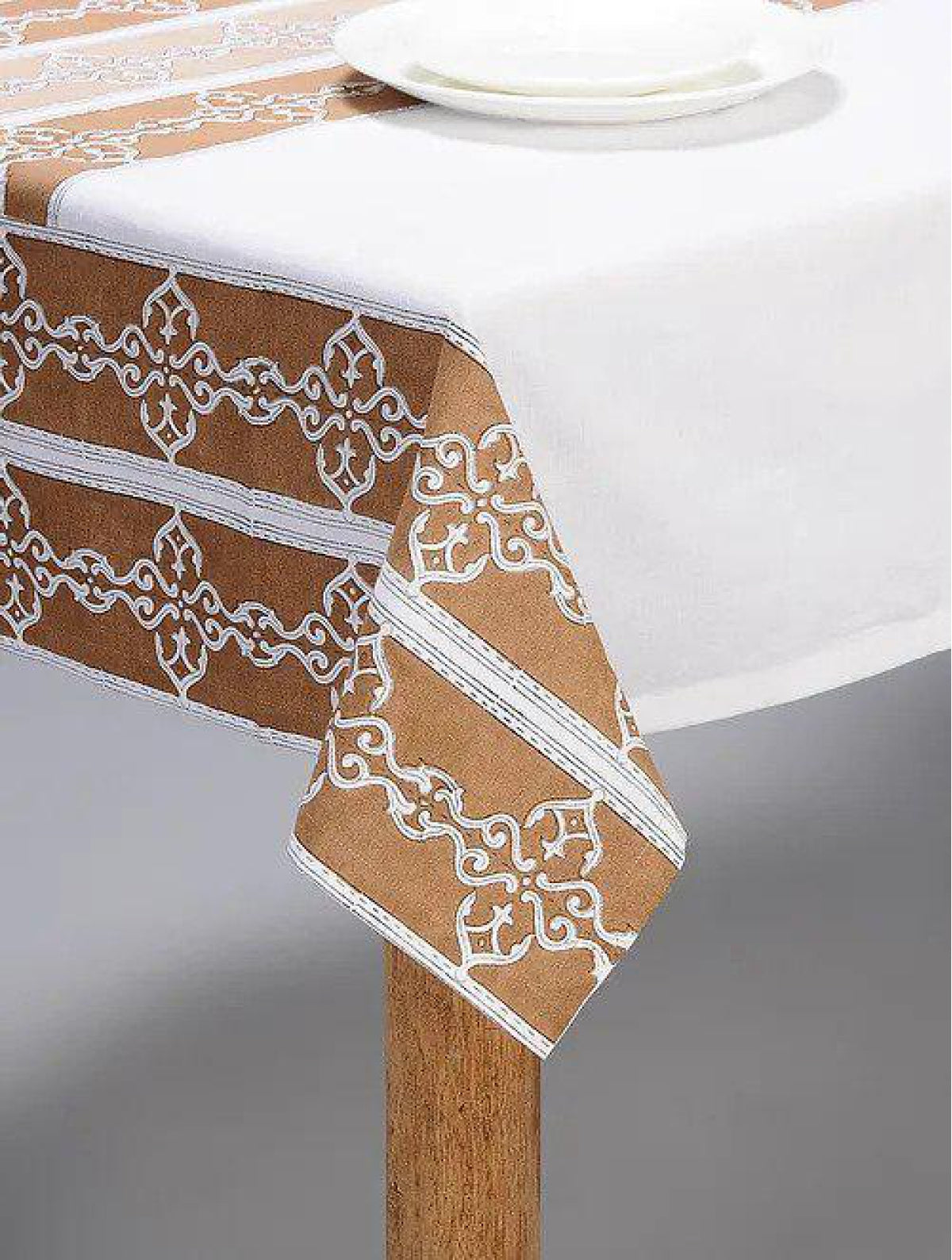 White & Brown Hand Block Printed Table Cover