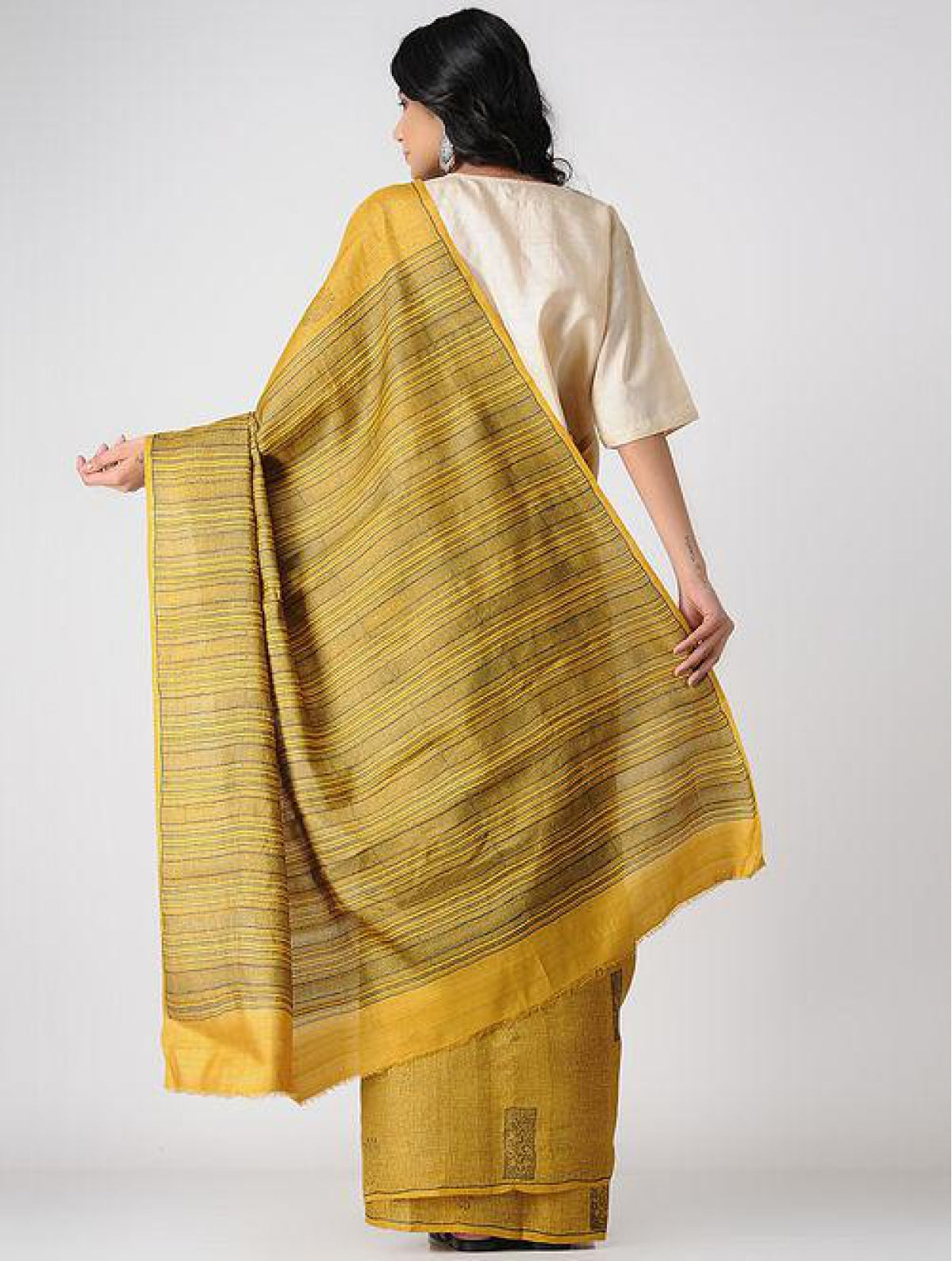 Handcrafted 100 % Tussar Silk Block Print Yellow Saree