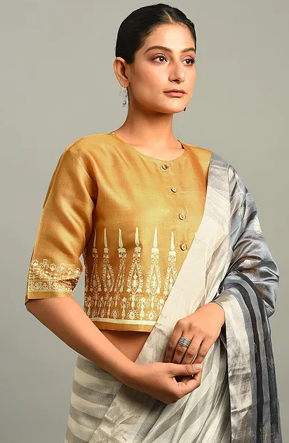 Yellow Block Printed Tussar Blouse