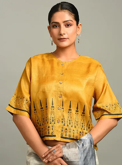 Yellow Block Printed Tussar Blouse