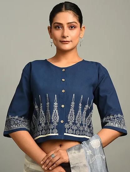 Blue Block Printed Cotton Blouse