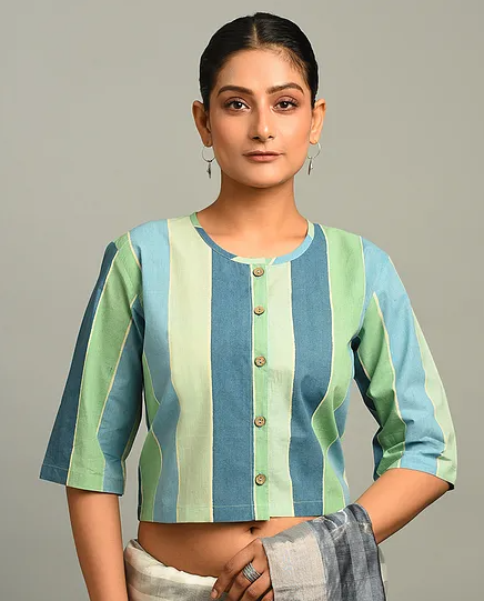 Blue And Green Block Printed Cotton Blouse